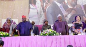 Wife of Lagos State Governor, Mrs. Bolanle Ambode; her husband, Governor Akinwunmi Ambode; his Oyo State counterpart, Governor Abiola Ajimobi and his wife & Chairperson, OYSOWA, Florence during the Opening Ceremony of 5thNational Women Summit with the theme The Ultimate Woman At A Time Like This organised by the Oyo State Officials' Wives Association (OYSOWA) in Ibadan, on Wednesday, December 7, 2016. 