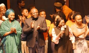 Lagos State Governor, Mr. Akinwunmi Ambode (2nd left), with wife of Kebbi State Governor, Dr. Zainab Bagudu (left); veteran actress, Joke Silva (2nd right) and Writer of the play, Toyin Otudeko (right) during the LUFODO Productions Show entitled Heartbeat The Musical...A New Beginning at the Muson Centre, Onikan, Lagos, on Sunday, December 11, 2016.