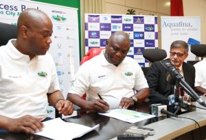 Lagos State Governor, Mr. Akinwunmi Ambode (middle); flanked by Group Managing Director, Access Bank, Mr. Herbert Wigwe (left) and Managing Director, Seven-Up Bottling Company PLC, Mr. Sunil Sawhney (right) during a Press Conference on the Lagos City Marathon 2017 at the Banquet Hall, Lagos House, Ikeja, on Sunday, November 20, 2016. 