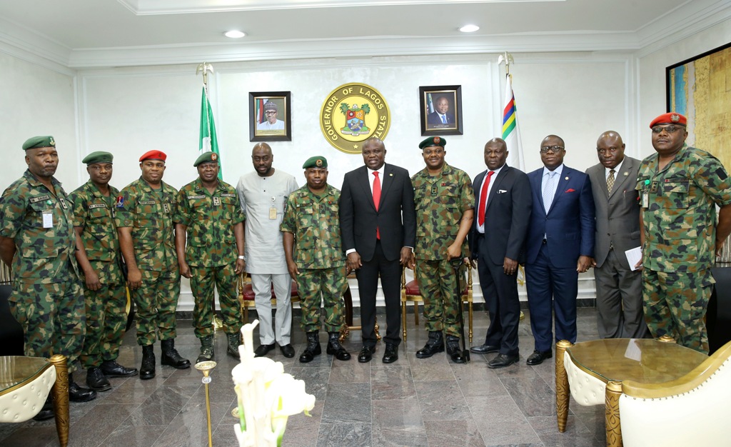 Photo of GOV. AMBODE RECEIVES NEW GOC 81 DIVISION, NIGERIAN ARMY, MAJOR GENERAL ENOBONG OKON UDOH AT LAGOS HOUSE, IKEJA