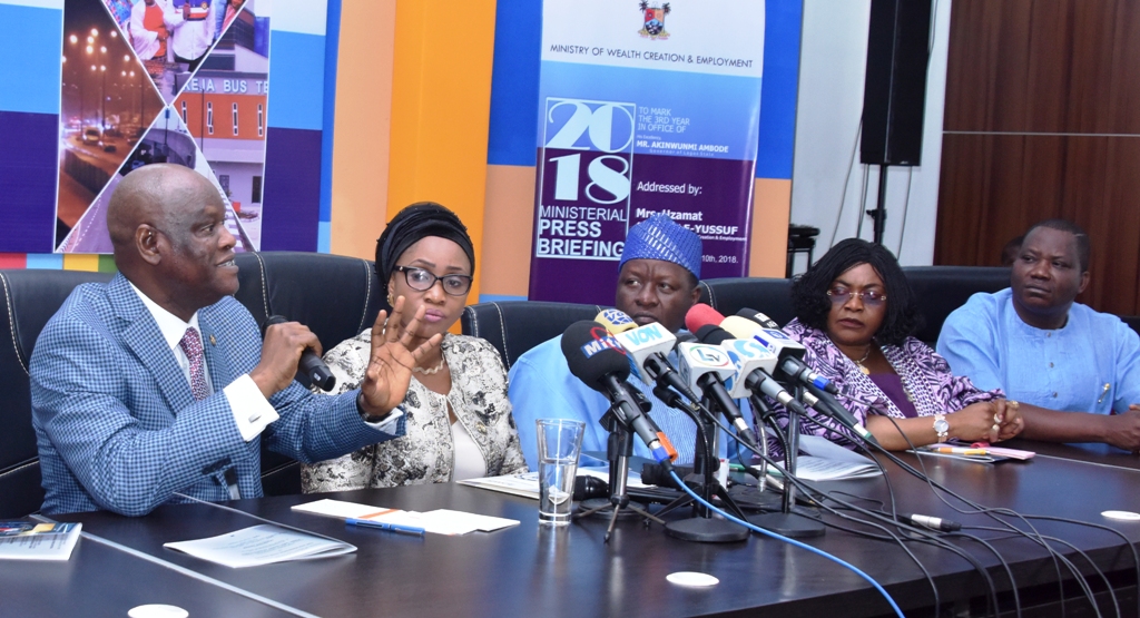 Photo of COMMISSIONER FOR WEALTH CREATION AND EMPLOYMENT, PHARM (MRS) UZAMAT AKINBILE-YUSUF ADDRESSES THE PRESS AT THE ONGOING Y2018 MINISTERIAL BRIEFING