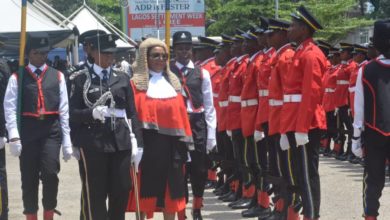 Photo of Lagos State Chief Judge Hon Justice Mr Opeyemi Oke inspecting  the guard of honour at the Igbosere High court premises as part of activity heralding the New 2018/ 2019 legal year