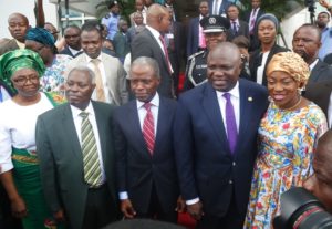 Vice President, Prof. Yemi Osinbajo (middle); Lagos State Governor, Mr. Akinwunmi Ambode (2nd right); his wife, Bolanle (right); General Superintendent, Deeper Christian Life Ministry, Pastor William Kumuyi (2nd left) and his wife, Esther (left) during the 58th Independence Anniversary Interdenominational Service at the Deeper Life Bible Church Headquarters, Gbagada, Lagos, on Sunday, October 7, 2018.
