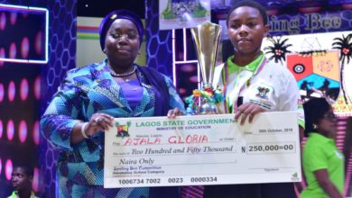 Photo of DEPUTY GOVERNOR LAGOS STATE, DR. IDIAT OLURANTI ADEBULE AND WINNER OF THE 2018 SPELLING BEE COMPETION, MISS AJALA GLORIA