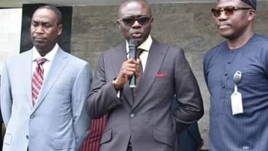 Photo of DR. OBAFEMI HAMZAT, MR. BABAJIDE SANWO-OLU AND THE LAGOS STATE HEAD OF SERVICE, MR. HAKEEM MURI-OKUNOLA AFTER A BRIEF HANDING OVER CEREMONY TO SANWO-OLU  ON TUESDAY AT LAGOS HOUSE, IKEJA